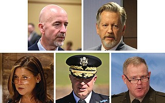 Arkansas cabinet secretaries are shown in this combination of file photos. At top (from left) are state Education Secretary Jacob Oliva and state Commerce Secretary Hugh McDonald. At bottom (from left) are state Human Services Secretary Kristi Putnam, Military Department Secretary Jon Stubbs and Veterans Affairs Secretary Kendall Penn. (Top left, Arkansas Democrat-Gazette/Stephen Swofford; bottom center, Arkansas Democrat-Gazette/Staci Vandagriff; all other photos, Arkansas Democrat-Gazette/Thomas Metthe)